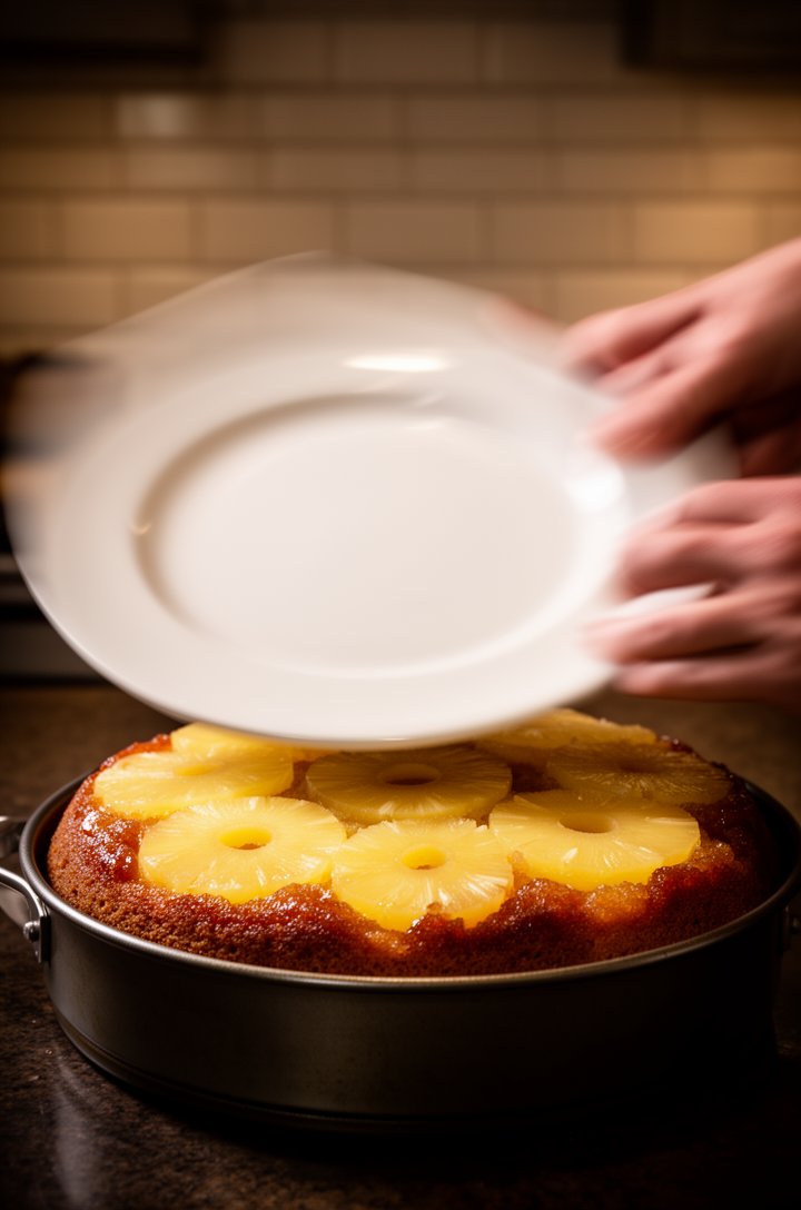 Dramatic side-angle shot of a pineapple upside down cake being flipped — a white ceramic serving platter is pressed against the top of the cake pan which is being turned upside down by two hands. Moti