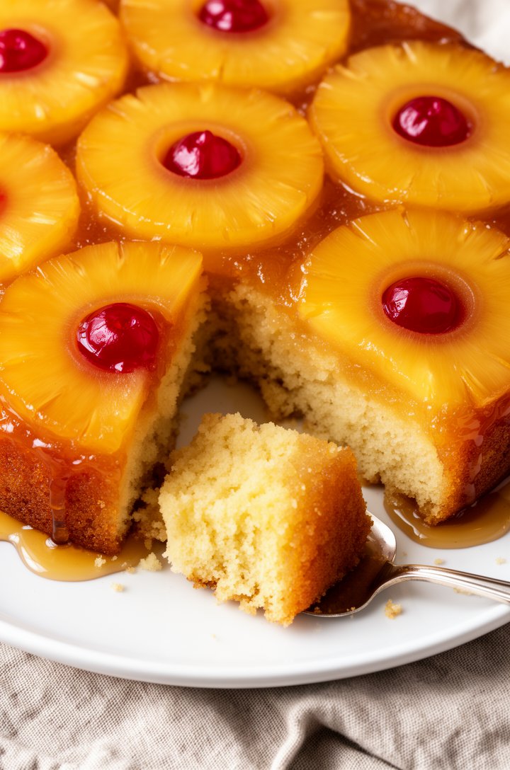 Extreme close-up overhead shot of a finished pineapple upside down cake on a white ceramic plate, glossy amber caramel coating dripping over the edges, golden-yellow pineapple rings in perfect concent