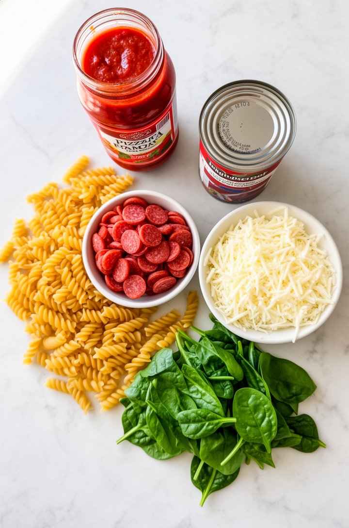 Overhead flat-lay shot of all pizza pasta ingredients arranged on a light marble countertop — a jar of pizza sauce, a can of diced tomatoes, a pile of dried rotini pasta, a small bowl of chopped peppe