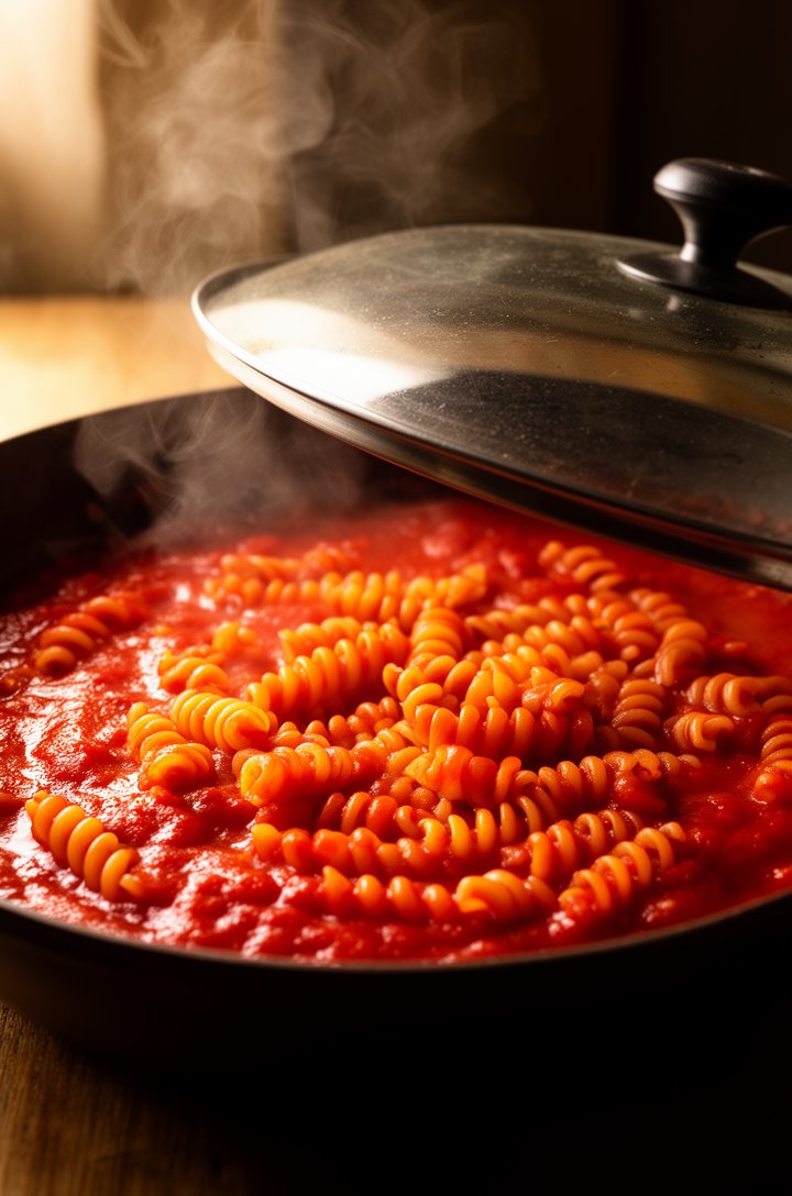 Side-angle dramatic shot of rotini pasta cooking in rich red sauce inside a covered skillet, lid slightly lifted showing steam escaping, the pasta is partially submerged in the thick tomato sauce, war