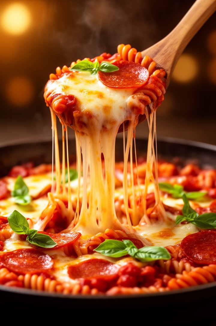 Extreme close-up of a wooden spoon lifting a generous scoop of cheesy pizza pasta from the skillet, long stretchy mozzarella cheese pulls hanging down connecting the spoon to the pan, rotini pasta coa