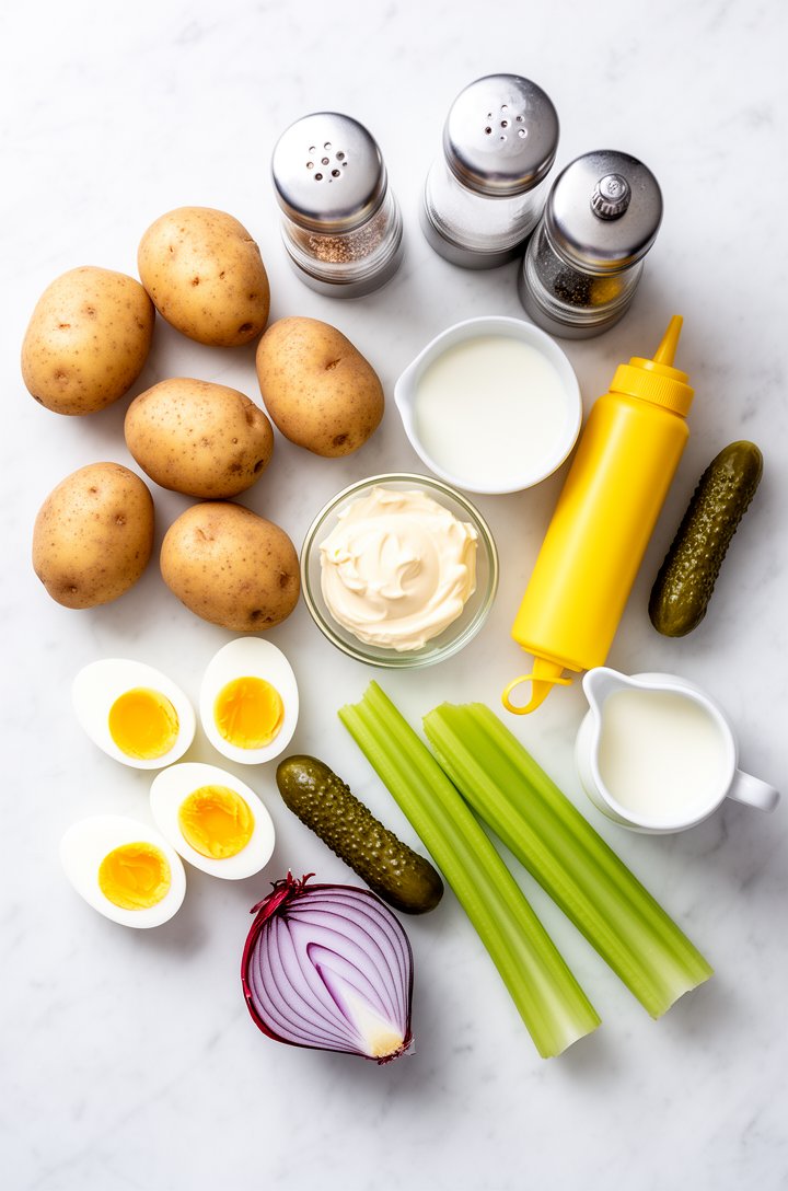 Overhead flat-lay of potato salad ingredients arranged on a white marble surface — whole Yukon Gold potatoes, halved hard-boiled eggs showing bright yellow yolks, a small glass bowl of mayonnaise, yel