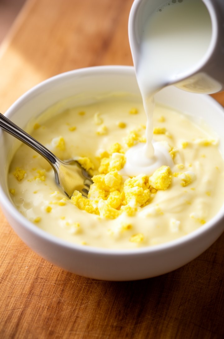Close-up 45-degree angle shot of a small white bowl with creamy pale yellow dressing being mixed with a fork — visible crumbled egg yolk pieces blending into mayonnaise and mustard, the dressing smoot