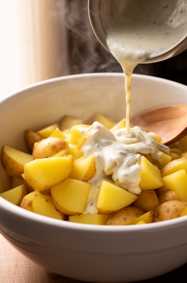 Side-angle close-up of chunky warm Yukon Gold potato pieces in a large white ceramic mixing bowl with creamy dressing being poured over them from a small bowl, steam still rising slightly from the war