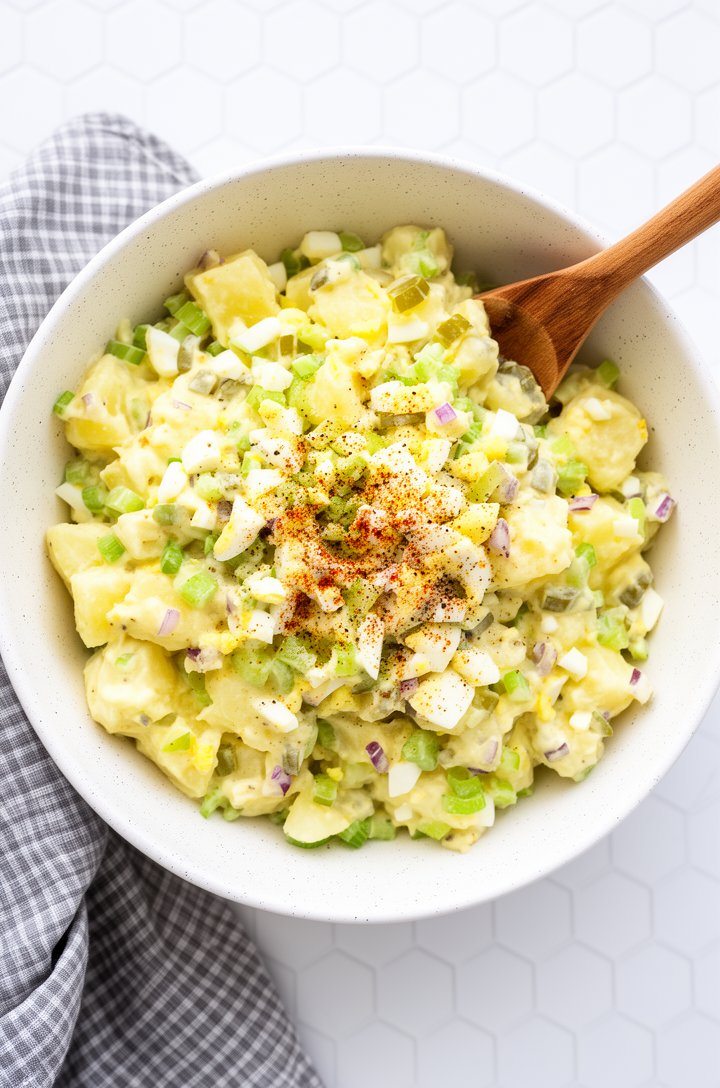 Overhead shot of the assembled potato salad in a large white speckled ceramic bowl — chunky pale yellow potatoes coated in creamy dressing with visible pieces of chopped egg white, bright green celery