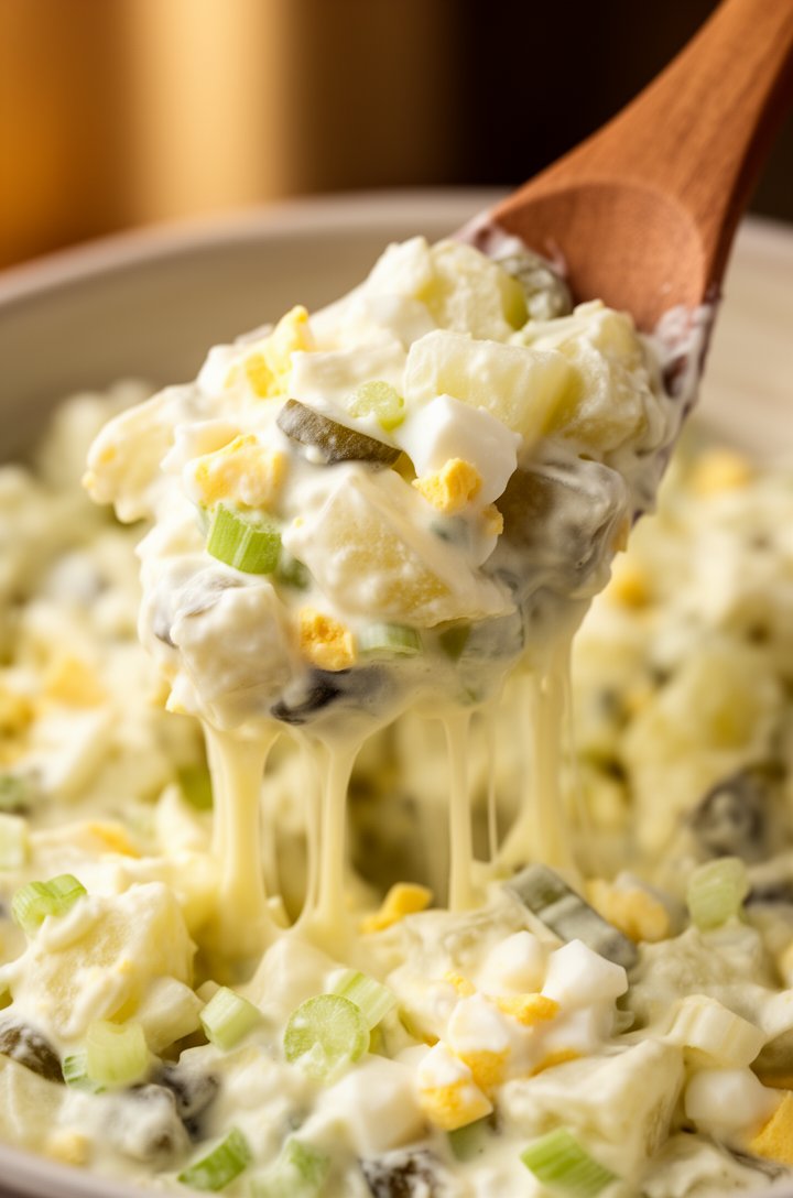 Extreme close-up macro shot of a heaping spoonful of potato salad being lifted from the bowl by a wooden serving spoon, filling 90% of the frame. Creamy dressing stretching between the spoon and bowl,
