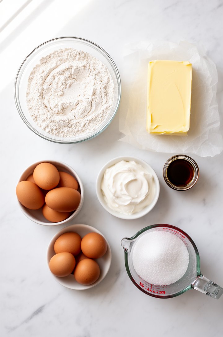 Overhead flat-lay of pound cake ingredients arranged on a white marble surface — a glass bowl of sifted flour, a stick of softened butter on parchment paper, four brown eggs in a small ceramic bowl, a