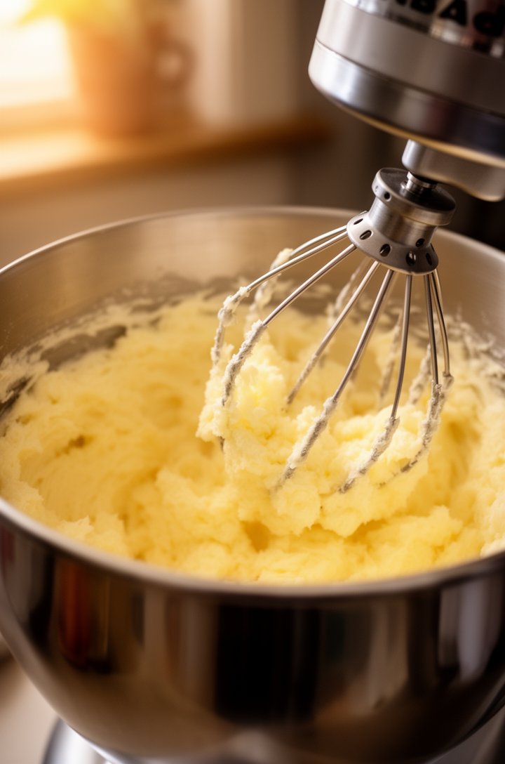 Close-up side-angle shot of creamed butter and sugar in a stand mixer bowl, the mixture pale yellow, light and fluffy with visible air pockets, whisk attachment coated in batter, warm kitchen lighting