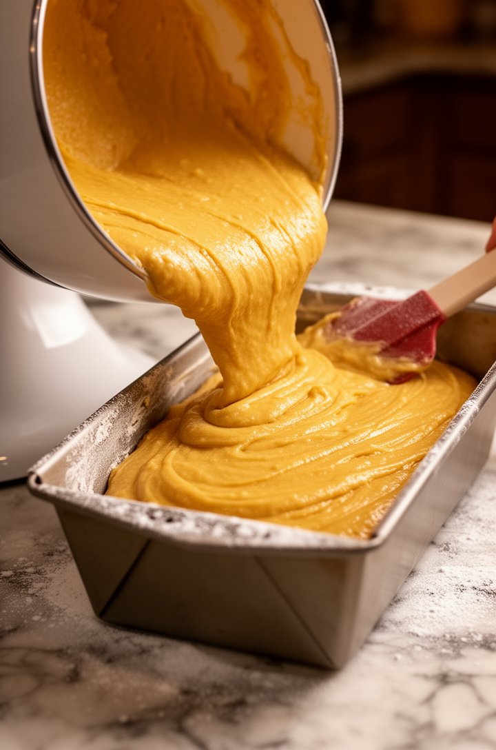 45-degree angle shot of thick golden pound cake batter being poured from a stand mixer bowl into a buttered and floured 9x5 loaf pan, the batter smooth and glossy catching the light, a rubber spatula 