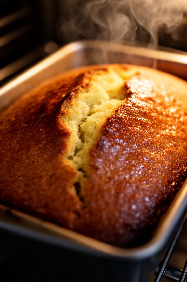 Extreme close-up macro shot of a pound cake loaf emerging from the oven, the top surface deep golden-brown with a dramatic crack running down the center, slightly domed, wisps of steam rising, the car