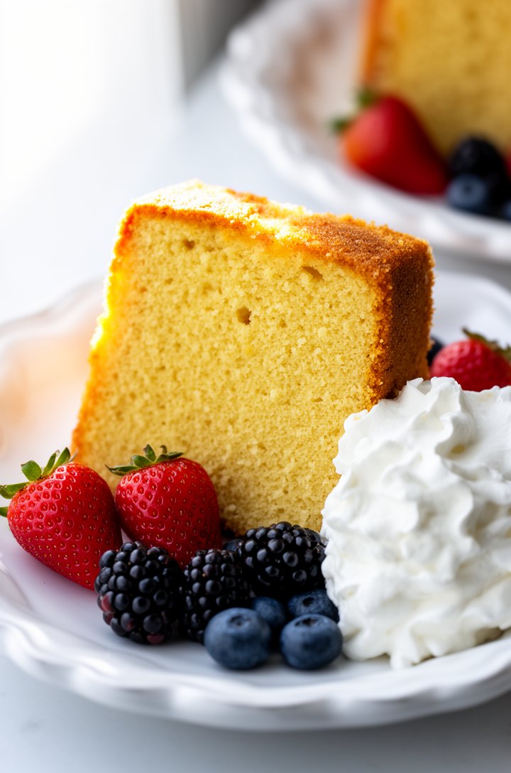 Side-angle close-up of a thick slice of pound cake on a white scalloped ceramic plate, the cross-section revealing a dense, fine-grained, warm buttery yellow crumb with a thin golden-amber crust ring.