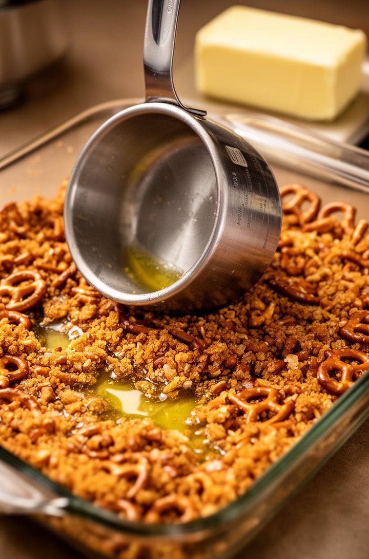 Close-up 45-degree angle shot of crushed salted pretzels being pressed firmly into a 13x9 glass baking dish with the back of a metal measuring cup, golden butter-coated pretzel crumbs visible with var