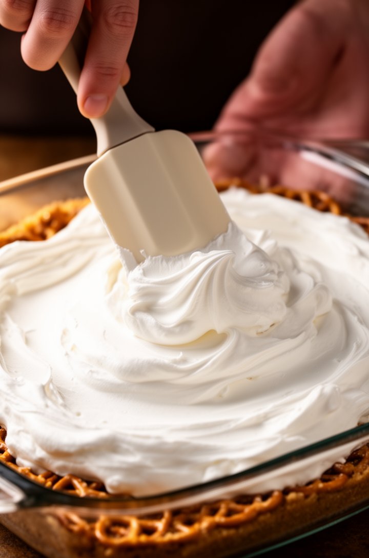 Side-angle close-up of cream cheese and Cool Whip mixture being spread with a silicone spatula over the cooled golden pretzel crust in a glass baking dish, the white fluffy mixture thick and cloud-lik