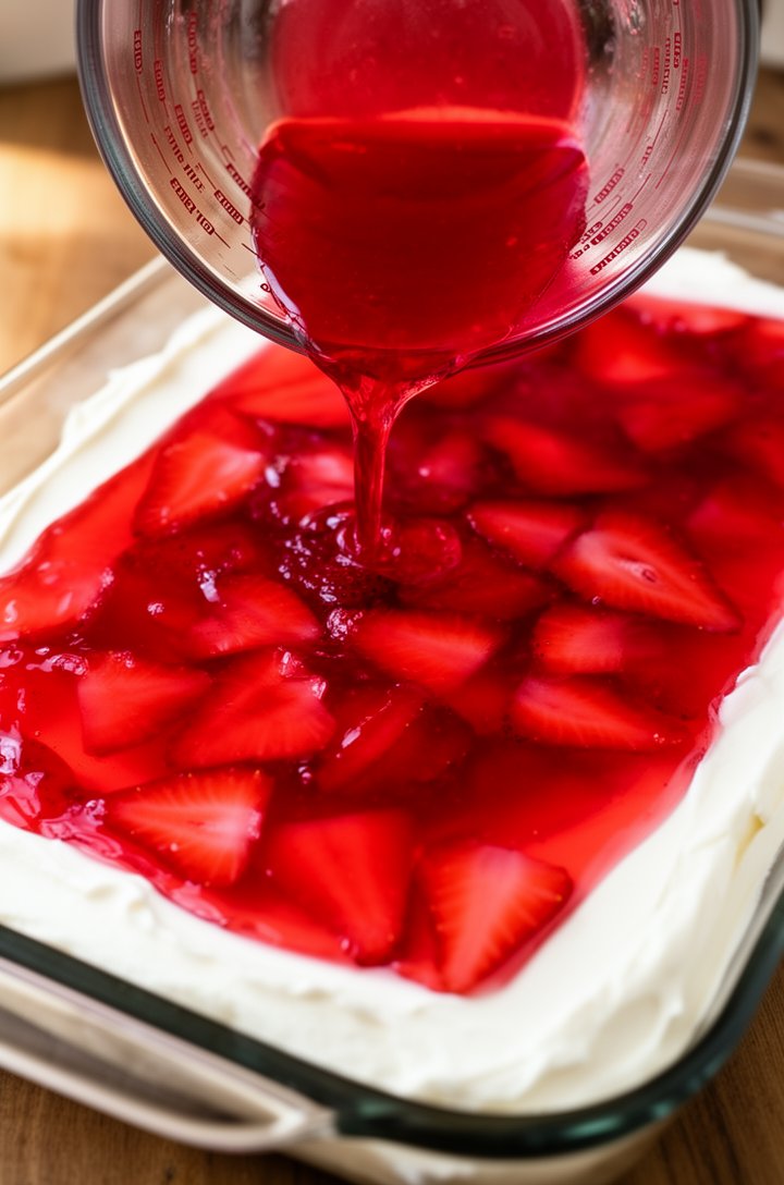 Dramatic close-up shot of ruby-red strawberry jello mixture being poured from a glass measuring cup over the white cream cheese layer in a 13x9 baking dish, sliced strawberries visible suspended in th