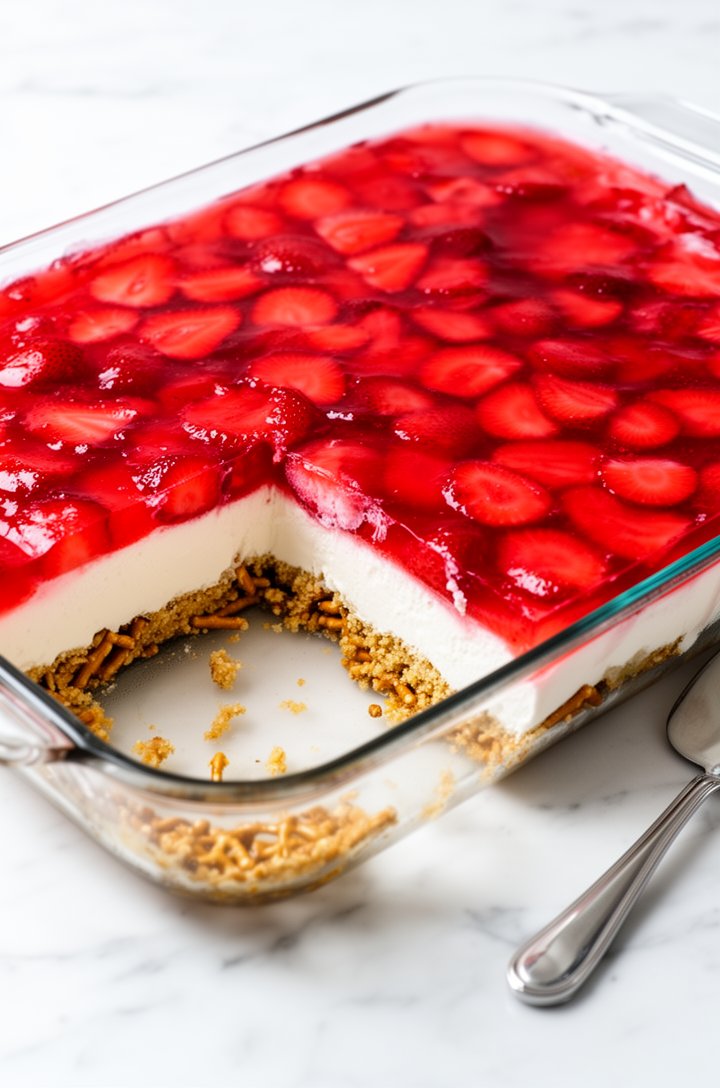 45-degree angle shot of the finished strawberry pretzel salad in a 13x9 glass baking dish with one square slice removed showing all three clean layers from the side — golden pretzel crust, thick white