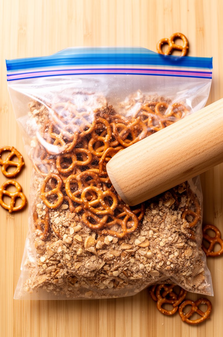 Overhead flat-lay of a gallon zip-top bag filled with salted pretzel twists being crushed by a wooden rolling pin on a light butcher block surface, pretzel crumbs visible through the clear bag in various sizes from fine to chunky, a few whole pretzels scattered around the bag for context, bright natural window lighting from above, clean composition