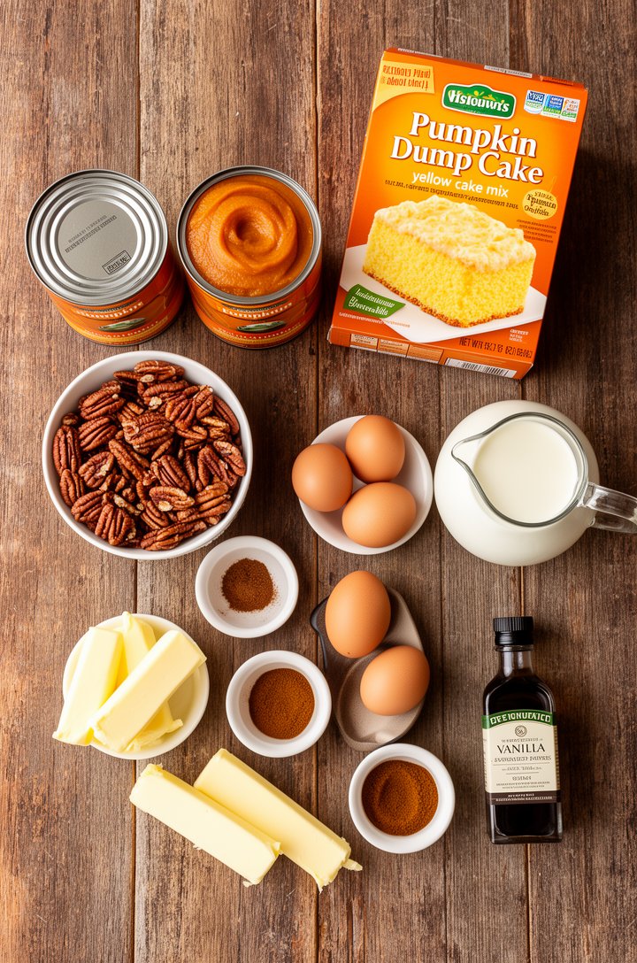 Overhead flat-lay of all pumpkin dump cake ingredients arranged on a rustic wooden surface — two cans of pumpkin puree, a box of yellow cake mix, a bowl of chopped pecans, four eggs, a small pitcher o
