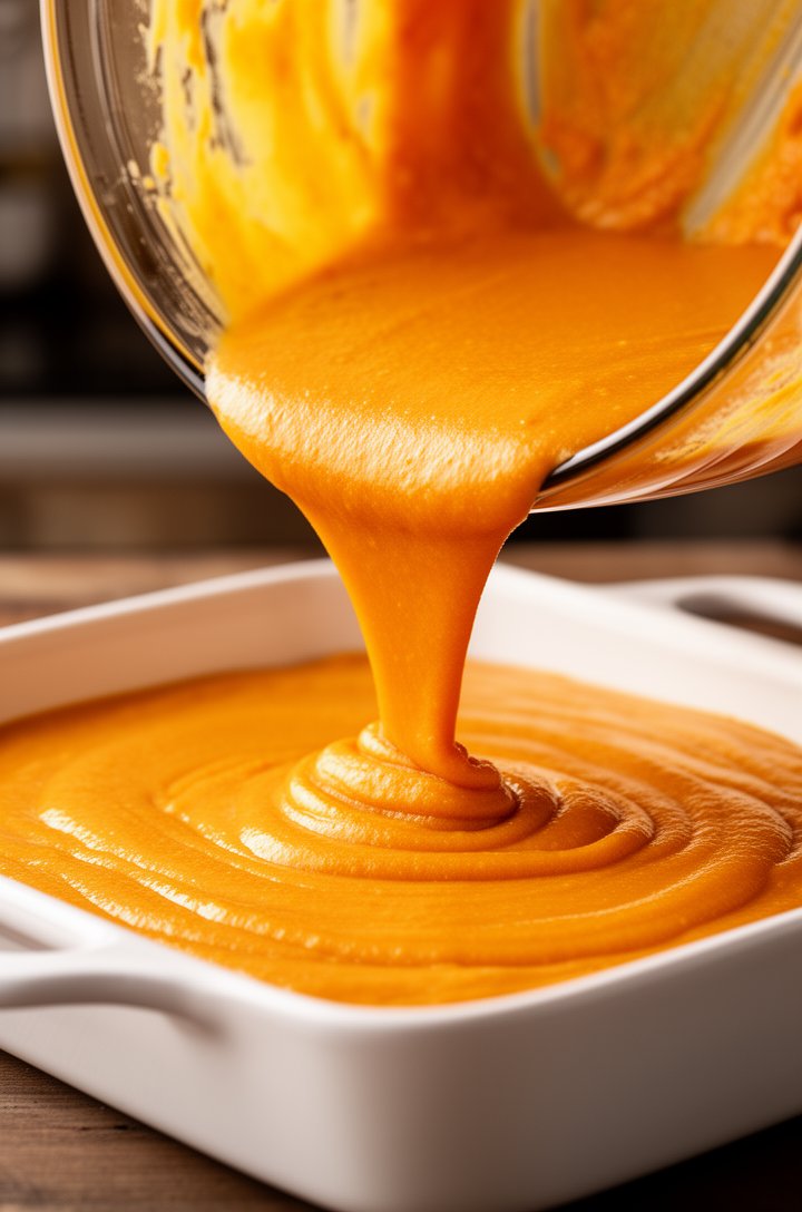 Close-up angled shot of smooth orange pumpkin custard mixture being poured from a large glass bowl into a white 9x13-inch baking dish, the thick mixture spreading across the bottom of the dish, warm k
