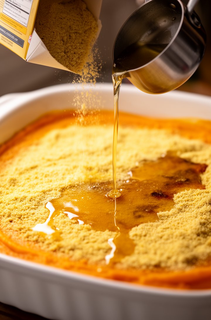 Side-angle close-up of dry yellow cake mix being sprinkled from the box over the orange pumpkin layer in a white baking dish, creating an even dry layer on top, streams of melted golden butter being d
