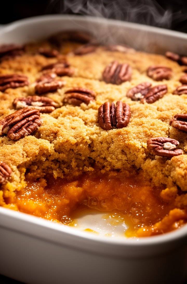 Extreme close-up of the pumpkin dump cake fresh from the oven in the white baking dish, golden-brown crumbly cake mix crust on top studded with toasted pecans, edges bubbling with caramelized sugar, t