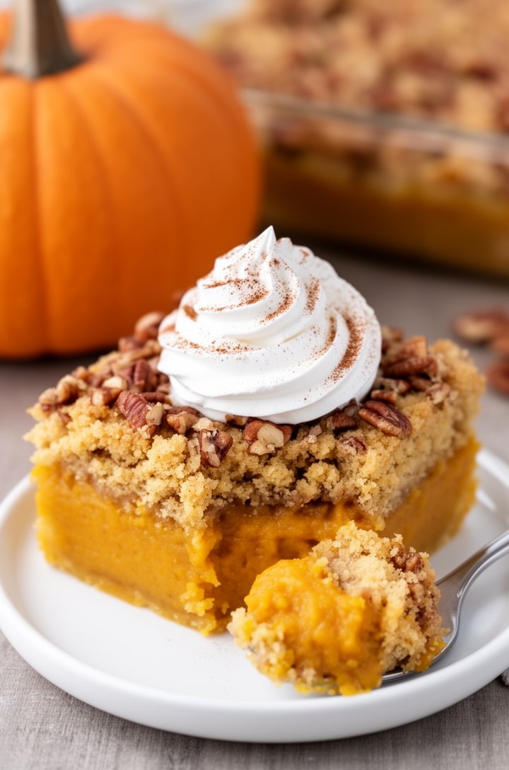 Close-up 45-degree angle of a single square slice of pumpkin dump cake on a small white plate, showing the distinct layers — golden crumbly pecan-topped crust and creamy orange pumpkin custard beneath