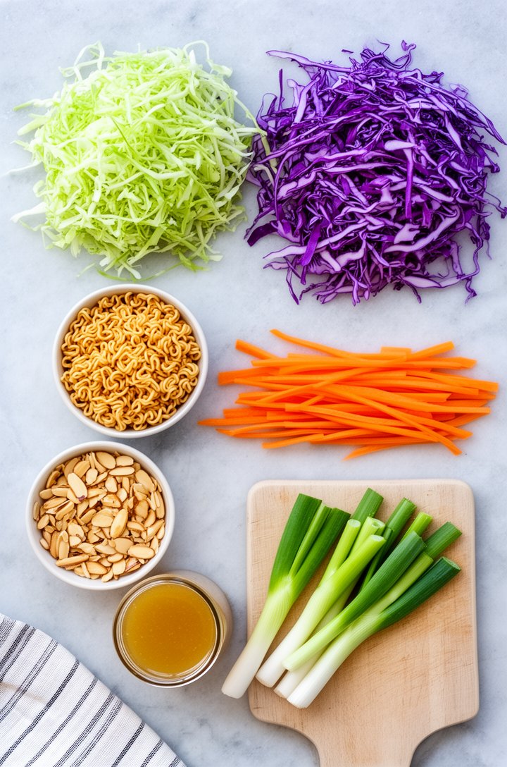 Overhead flat-lay of ramen noodle salad ingredients arranged on a light gray marble surface: two piles of finely shredded green and purple cabbage, a small bowl of broken ramen noodle chunks, julienne