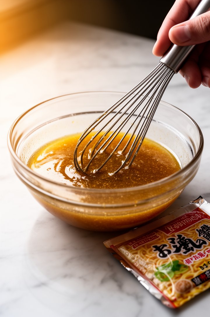 Close-up 45-degree angle shot of a hand whisking golden dressing in a clear glass bowl, showing the dissolved sugar and ramen seasoning creating a smooth emulsion. A torn ramen seasoning packet sits b