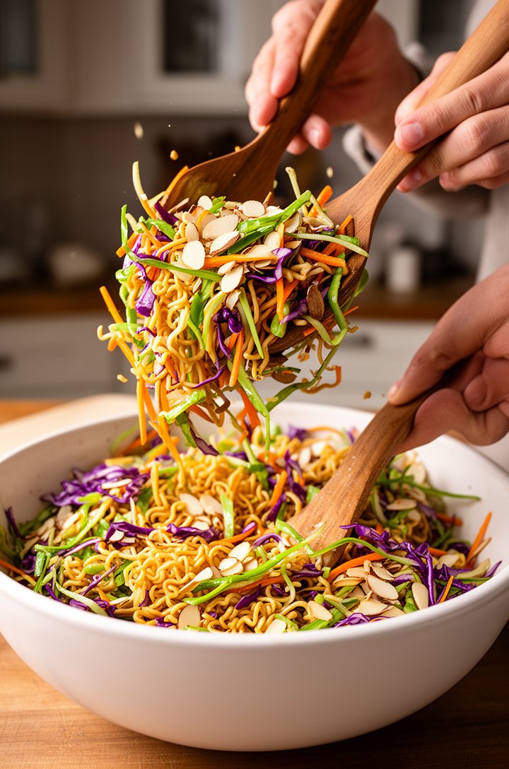 Side-angle shot of hands tossing ramen noodle salad in a large white ceramic bowl with wooden salad servers, showing the mix of green and purple cabbage shreds, orange carrot matchsticks, broken golde