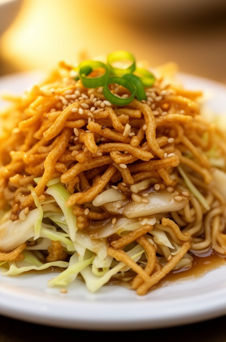 Extreme close-up macro shot of a serving of ramen noodle salad on a small white plate, showing the intricate texture detail: crispy ramen noodle shards catching the light, glossy dressing pooling slig