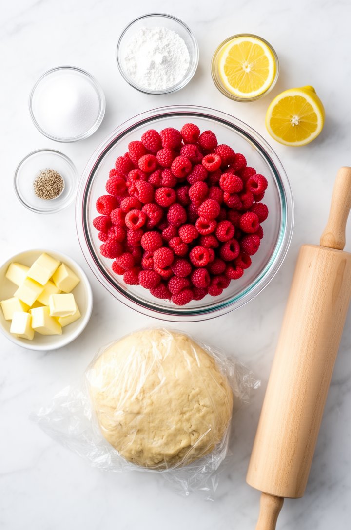 Overhead flat-lay of raspberry pie ingredients arranged on a white marble surface — a large glass bowl overflowing with bright red fresh raspberries in the center, surrounded by small prep bowls conta