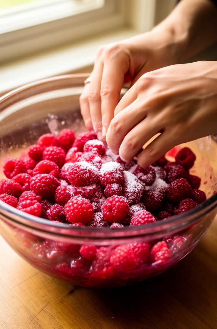 Close-up 45-degree angle shot of hands gently folding bright crimson raspberries with sugar and cornstarch in a large glass mixing bowl, some berries still whole and glistening, a light dusting of whi