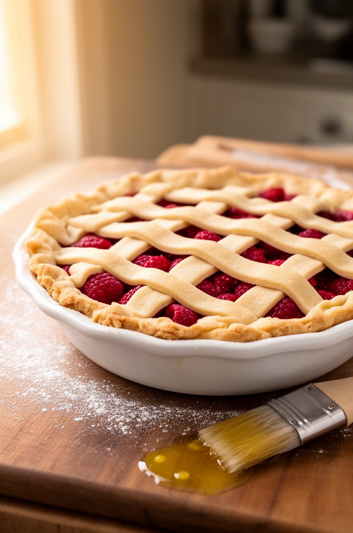 Side-angle shot of an unbaked raspberry pie with a freshly woven golden-tan lattice crust on top, deep red raspberry filling visible through the lattice gaps, sitting in a white ceramic pie dish on a 