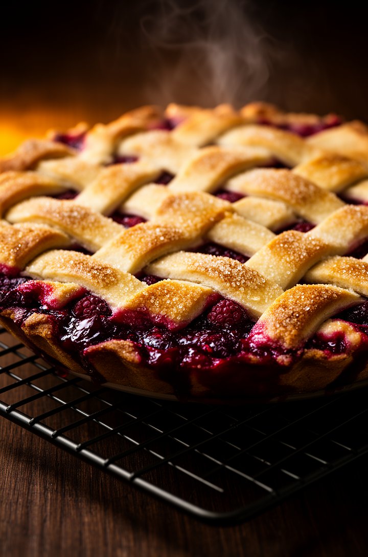 Dramatic 45-degree angle shot of a freshly baked raspberry pie cooling on a wire rack, deep golden-brown lattice crust with sugar crystals glistening on top, dark crimson filling visibly bubbling at t