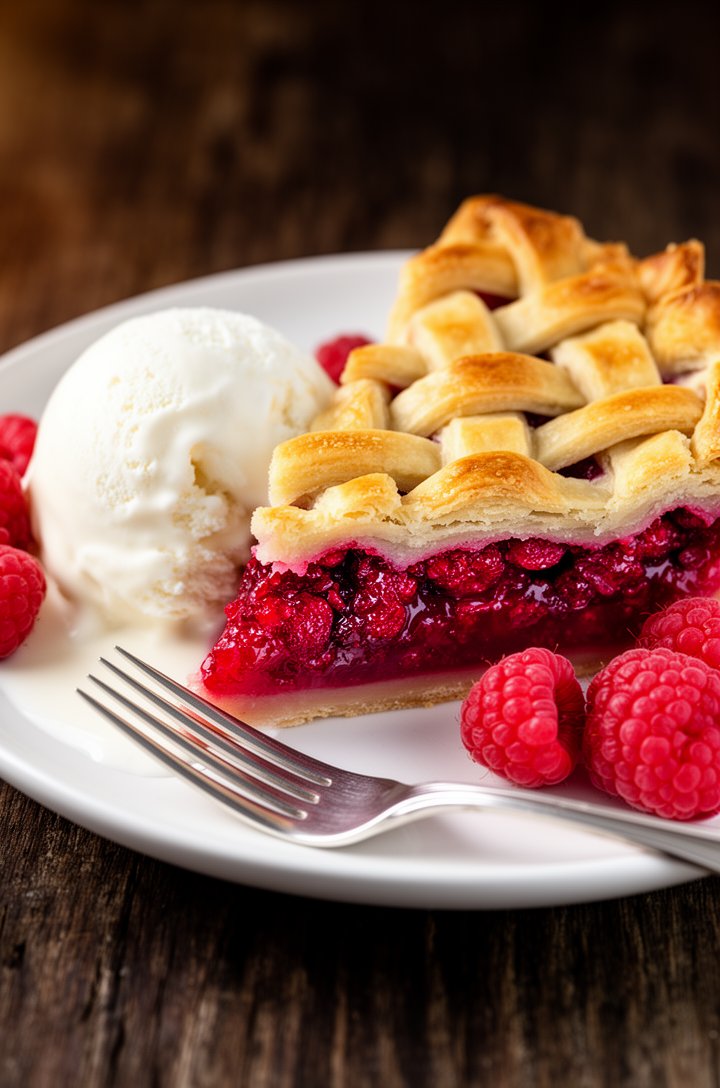 Close-up beauty shot of a single slice of raspberry pie on a white ceramic plate, the cross-section showing a thick layer of set jewel-toned crimson raspberry filling between a golden flaky bottom cru