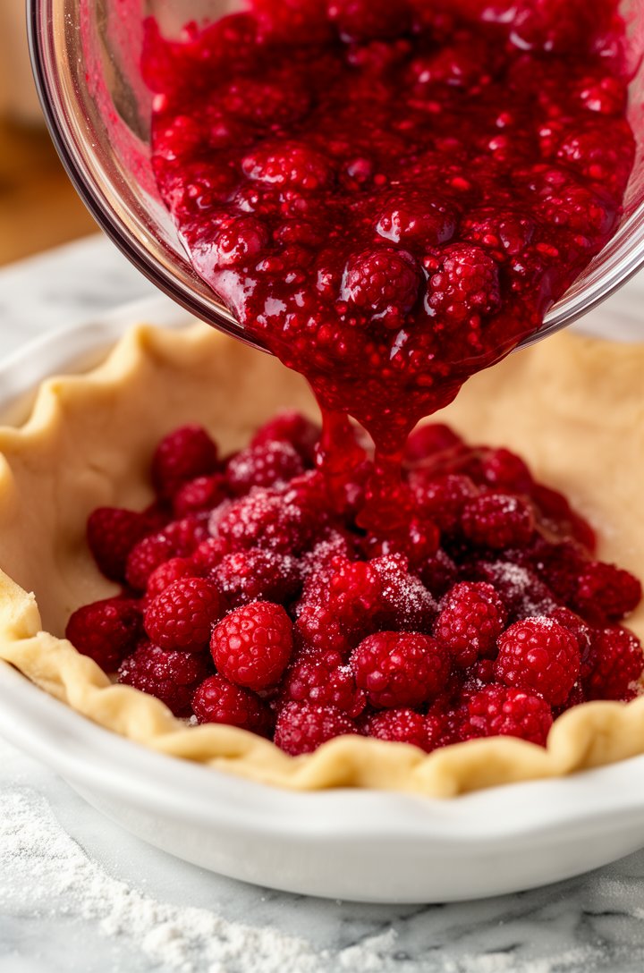 Close-up 45-degree shot of crimson raspberry filling being poured from a glass bowl into an unbaked pie shell sitting in a white ceramic pie plate, the filling thick and glossy with visible whole berries coated in sugar and cornstarch, some filling already settled into the crust, flour-dusted marble surface, warm kitchen lighting from the side