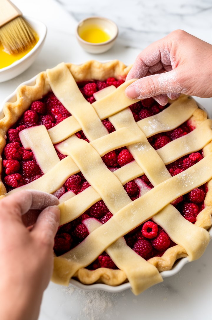 Overhead shot of hands weaving lattice strips of pale golden pie dough over the deep red raspberry filling, some strips already laid in a criss-cross pattern with berries visible through the gaps, flour-dusted fingers, a small bowl of egg wash and pastry brush nearby, bright natural overhead lighting, white marble work surface