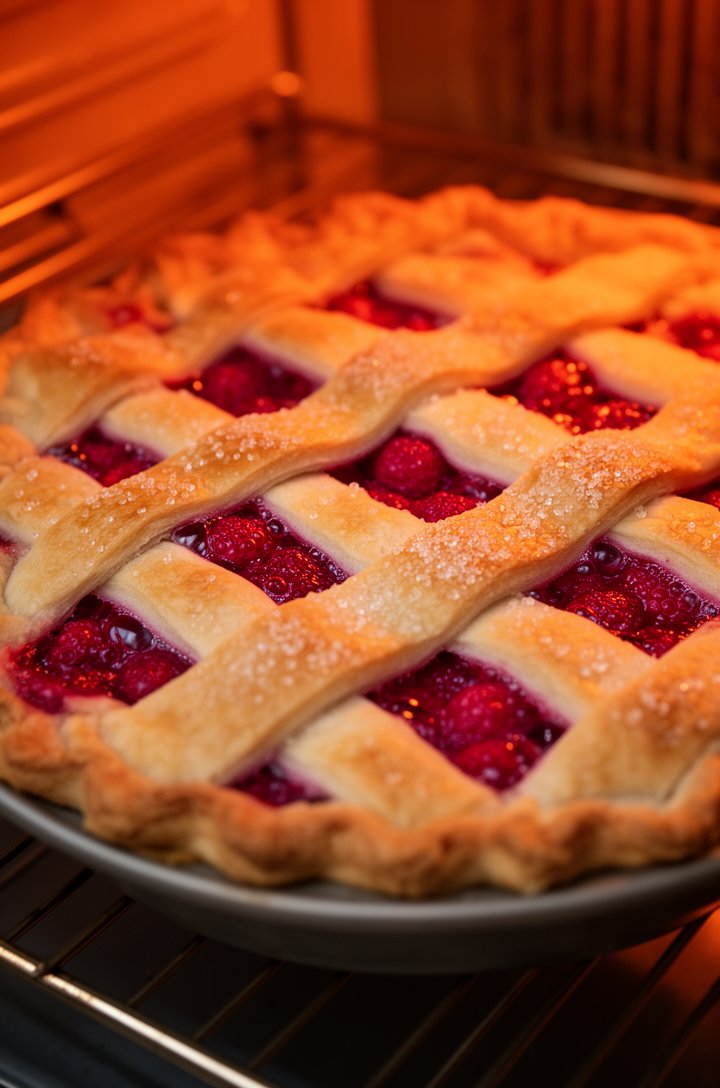 Side-angle close-up of the raspberry pie in the oven, golden-brown lattice crust with sugar crystals visible on top, crimson filling actively bubbling through the lattice openings, warm orange oven light illuminating the pie, the pie sitting on a sheet pan, oven rack lines visible, cozy warm kitchen scene