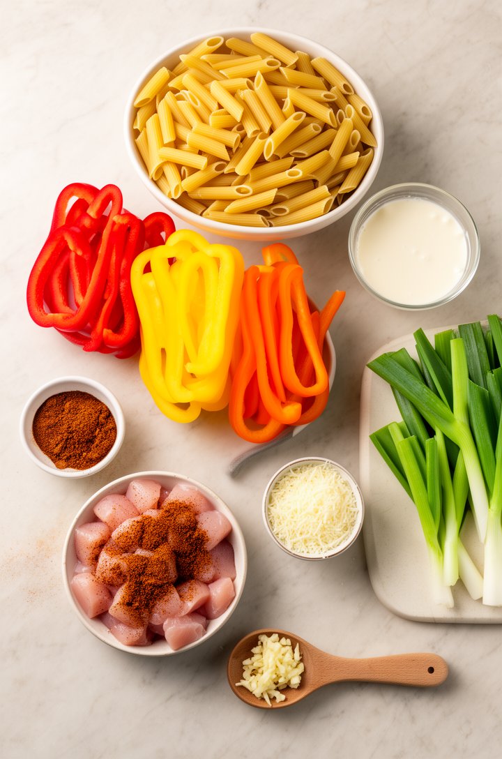 Overhead flat-lay of rasta pasta ingredients arranged on a light marble countertop — a bowl of dried penne pasta, three vibrant bell peppers (red, yellow, orange) sliced into strips, raw cubed chicken