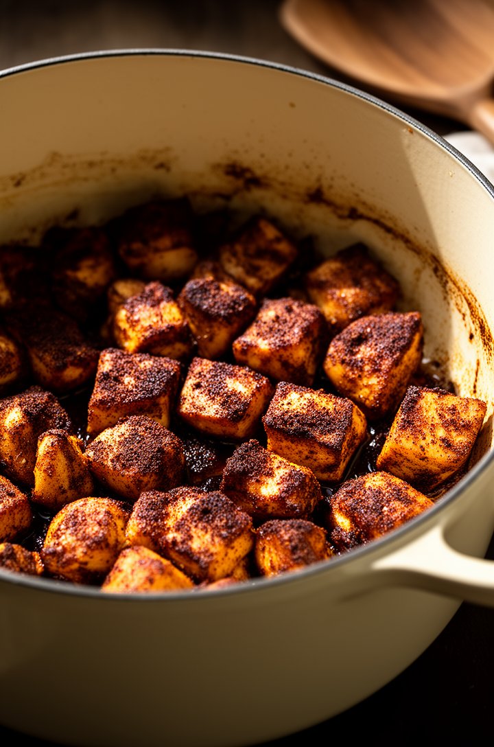 Close-up 45-degree angle shot of cubed chicken pieces searing in a cream-colored Dutch oven, the chicken coated in dark brown jerk seasoning with visible spice flecks, golden-brown caramelized edges d