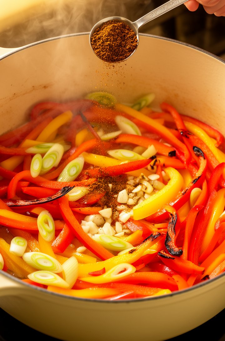 Overhead shot of sliced red, yellow, and orange bell pepper strips sautéing in a large cream-colored Dutch oven with sliced green onions, the peppers slightly charred at the edges and glistening with 