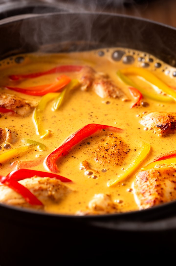 Side-angle close-up of creamy jerk sauce simmering in a Dutch oven, heavy cream and melted parmesan creating a smooth golden-orange sauce with visible specks of jerk seasoning throughout, sliced bell 