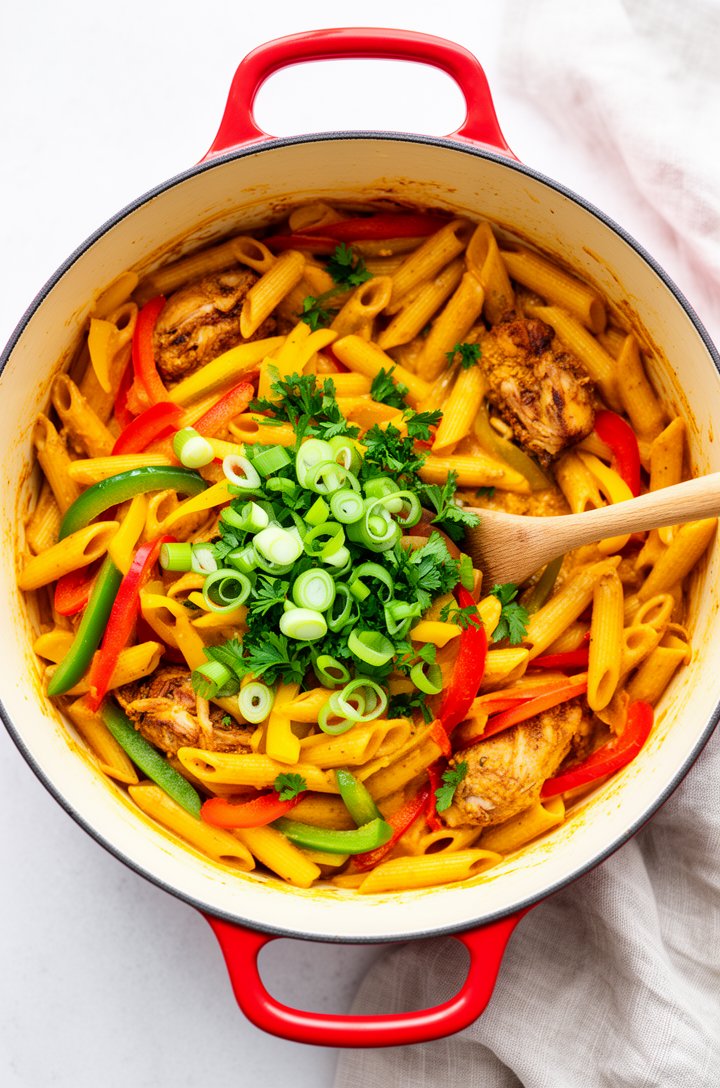 Overhead close-up of finished rasta pasta in a cream-colored Dutch oven with red handles, penne tubes coated in rich creamy golden-orange jerk sauce, colorful strips of red yellow and green bell peppe