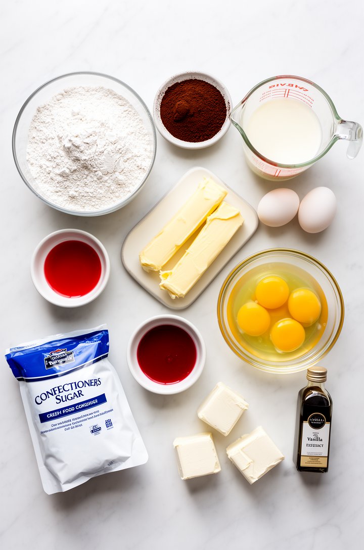 Overhead flat-lay of red velvet cake ingredients neatly arranged on a white marble surface — a bowl of sifted white cake flour, a small dish of deep brown cocoa powder, a glass measuring cup of butter