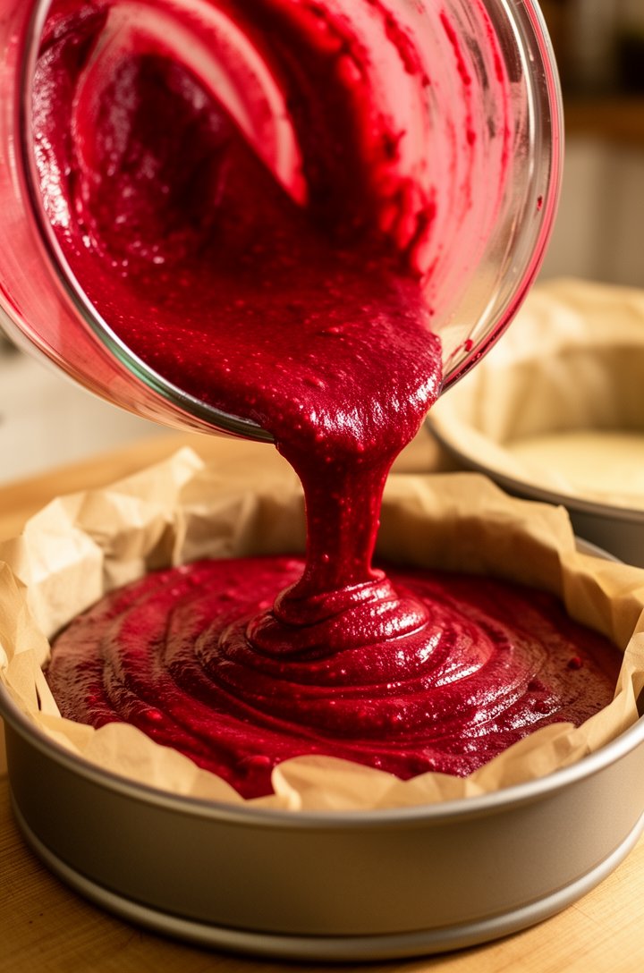 Close-up side angle of vivid red cake batter being poured from a large glass mixing bowl into a parchment-lined 9-inch round cake pan, the batter thick and glossy with a deep crimson color, a second e