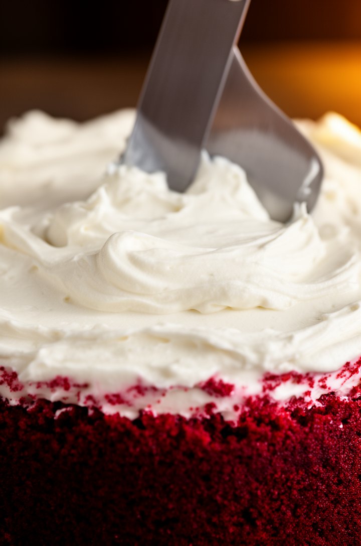 Extreme close-up of fluffy white cream cheese frosting being spread with an offset spatula onto the top of a deep red velvet cake layer, the contrast between the stark white frosting and the vivid red