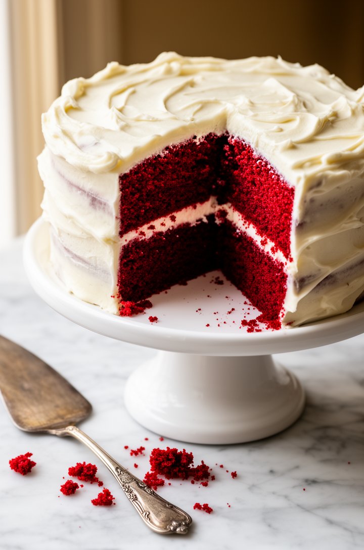 45-degree angle shot of a finished two-layer red velvet cake on a white ceramic cake stand, generously frosted with thick white cream cheese frosting with rustic swirls on top, a single clean slice re