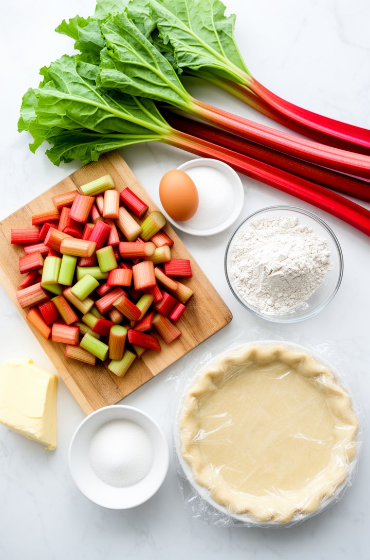 Overhead flat-lay of rhubarb pie ingredients arranged on a white marble countertop — a mound of vibrant red and green sliced rhubarb pieces on a wooden cutting board, a small bowl of granulated sugar,