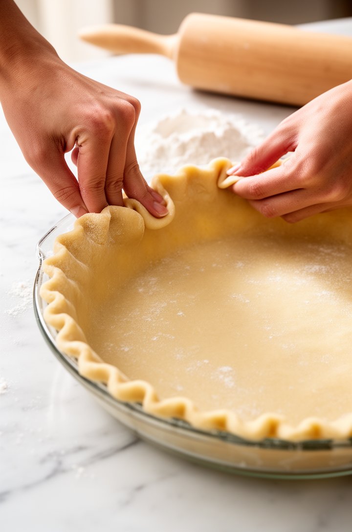 Close-up 45-degree angle shot of hands crimping the edges of a raw pie crust in a glass pie plate, showing the fluted pattern being formed with fingertips. Pale golden raw dough with flour-dusted edge