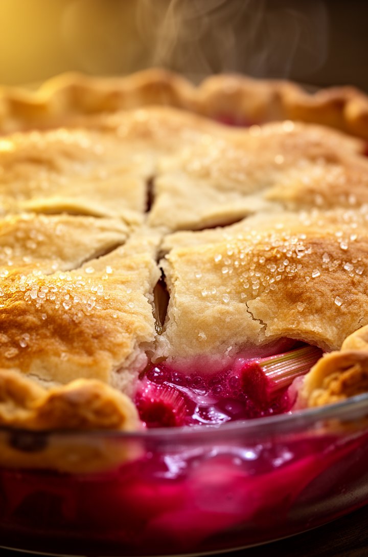 Extreme close-up macro shot of a freshly baked rhubarb pie still in the glass pie plate, shot from a low 20-degree angle showing the deeply golden-brown top crust with visible turbinado sugar crystals