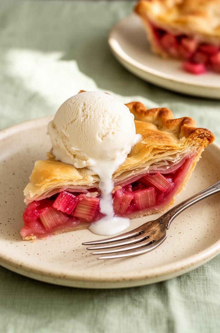 Close-up 45-degree angle of a single slice of rhubarb pie on a speckled cream ceramic plate, showing the cross-section of flaky golden crust layers and jammy pink-red rhubarb filling with distinct sof
